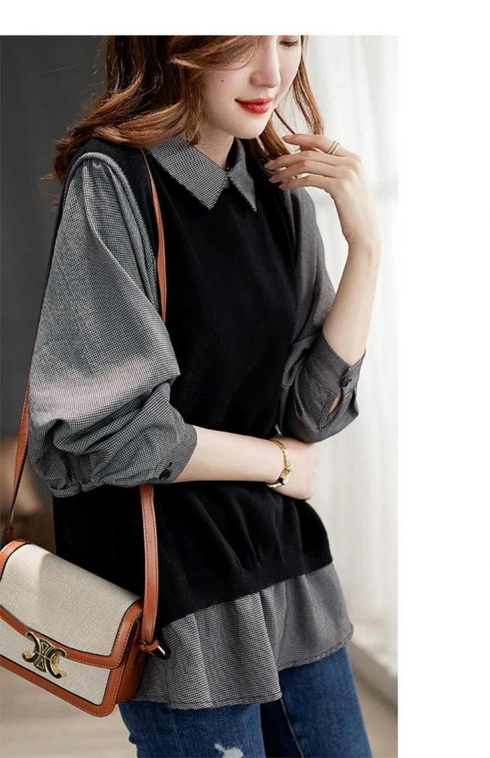 トップスシャツブラウスチュニック キレイめ 秋 カジュ ブラウス 春 トップス 冬 ゆったり シャツ ドッキング レディース レディース 切替 ギンガムチェック 異素材 切替 切替ブラウス 通勤