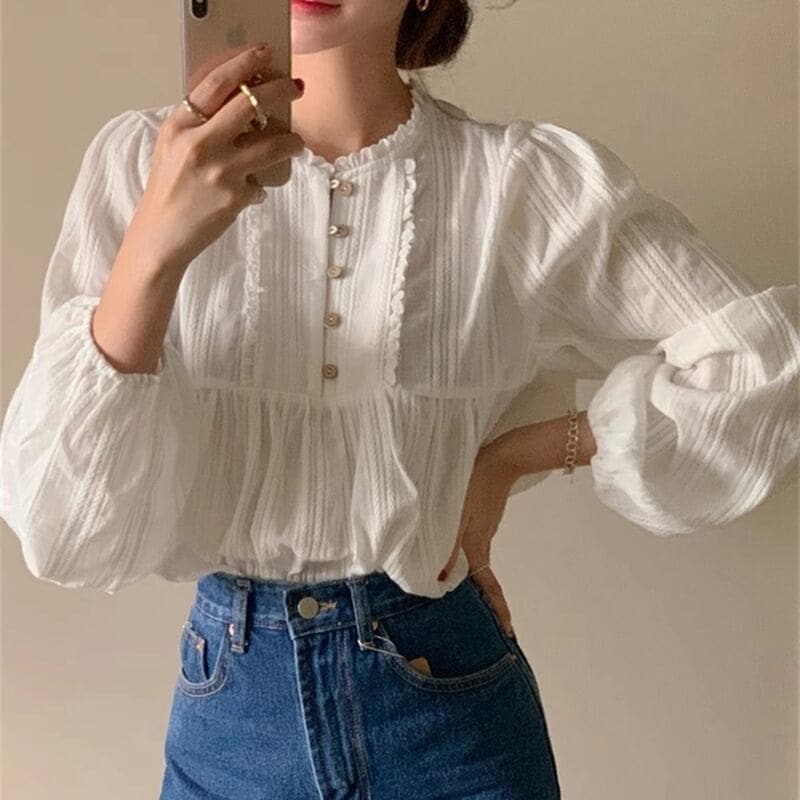 トップス シャツ ブラウス 前開き レディース 長袖 ボリューム袖 フリル 透け感 ボタン かわいい 大人可愛い きれいめ シンプル カジュアル 上品 おしゃれ こなれ感 ガーリー ルーズ とろみ感
