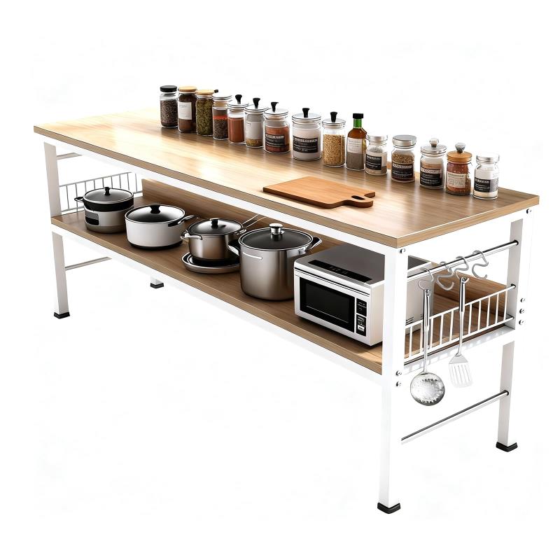 HopeFamily 作業台 オープン式 キッチン作業台 Sフック付き 120×40×80cm ワークステーション準備テーブル 昇降可能なフット ダブルレイヤー 木製天板 調理・収納両用 防水 耐汚れ