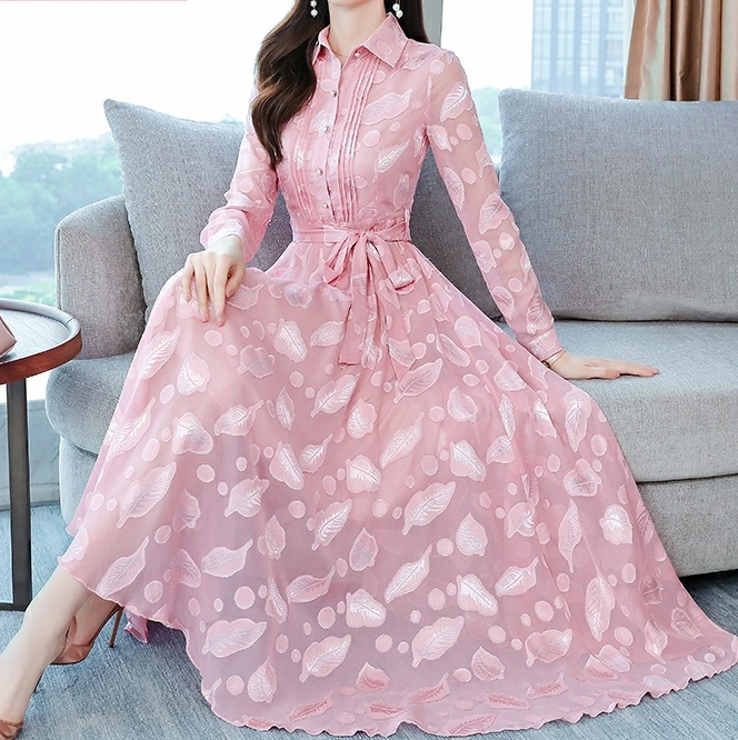 シースルー ワンピース ジャガード シースルー シャツカラー ミモレ ロング フロー 女性