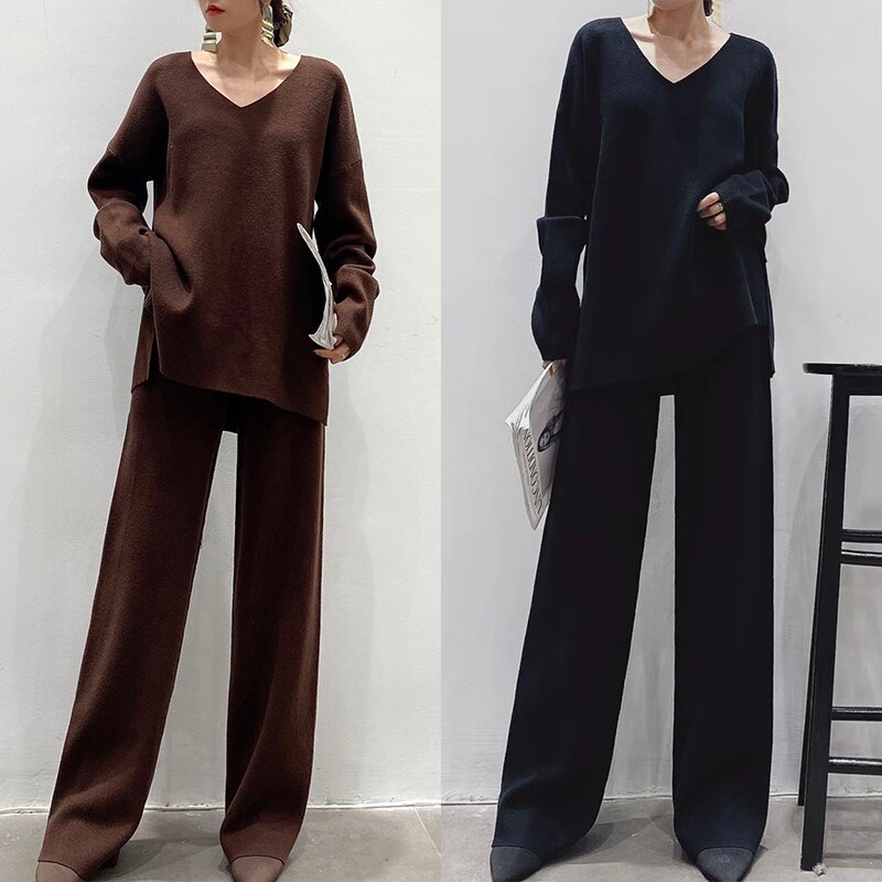 ニットセットアップ 2点セット セットアップ レディース ニット 大きいサイズ パンツ セーター Vネック ワイドパンツ ロングパンツ トップス ボトムス 秋冬 上下セット カジュアル かわいい おし