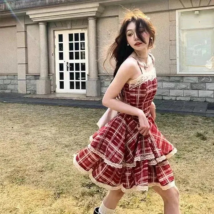 工ガ割-ロリータドレス レッド チェック 着痩せ ティーブレイクドレス 25 新作 ワンピース