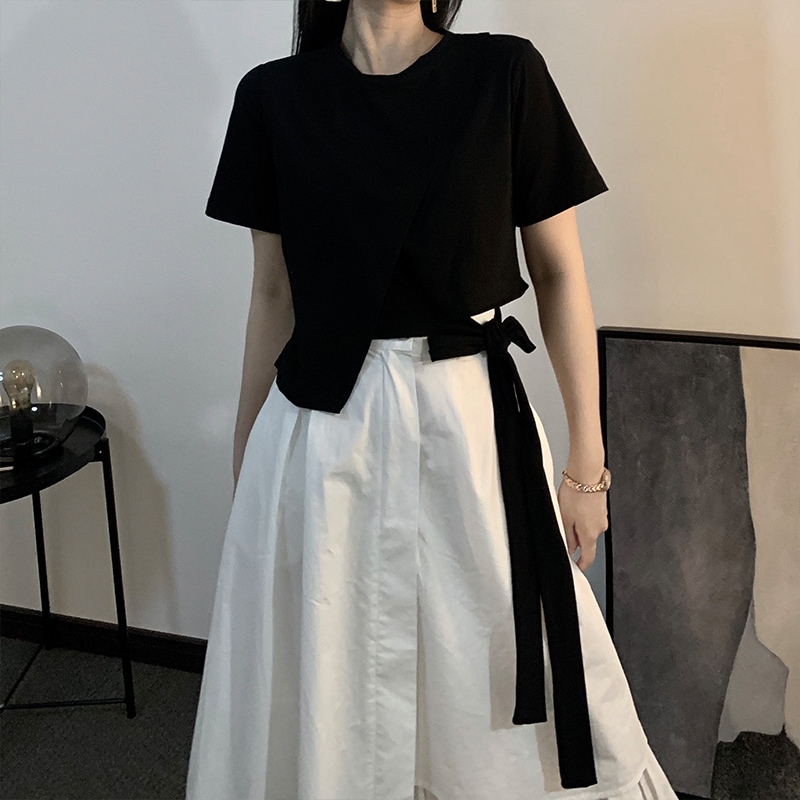 トップス Tシャツ カットソー ミニ ミニ丈 ショート ショート丈 袖あり 半袖 Uネック オフショル リボン かわいい 大人可愛い きれいめ シンプル カジュアル 大人 上品 おしゃれ お洒落