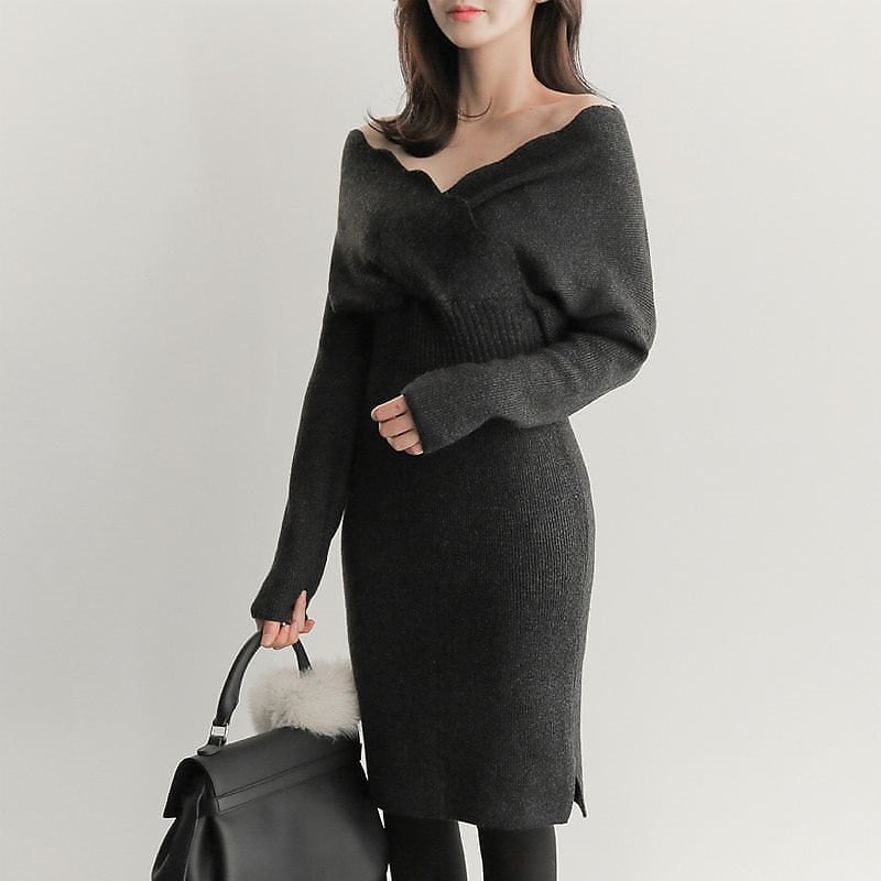 韓国 ファッション スカラップ Vネック ニット ワンピース タイト 膝丈 デート お出かけ 韓国