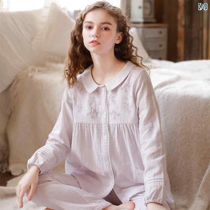 レディース　パジャマ　スウェット　上下 春秋 無地 綿 ガーゼ 長袖 ズボン レディース パジャマ ツーピース セット 刺繍 ホーム 服 スーツ