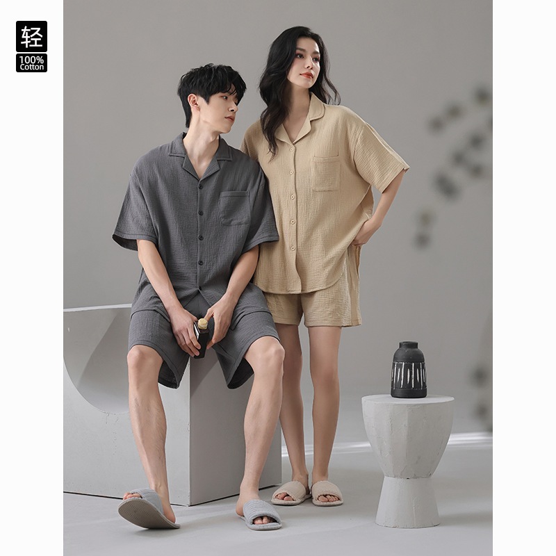 [A級二層糸]ベビーコットン春夏カップルパジャマコットン糸半袖ゆったりスタイルレディース胸パッドメンズホームウェアA