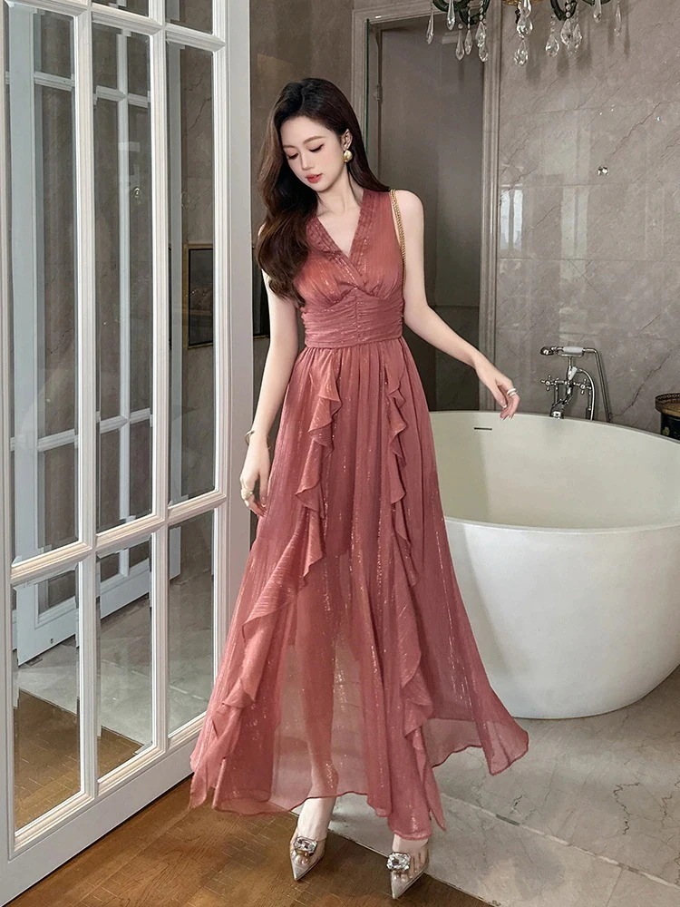 ロング上品 25 リゾート 旅行 ビーチ ハワイ シフォン vネック ノースリーブ パーティー キャバ 大人 同窓会 披露宴 卒業式 結婚式 演奏会 ウェディング 二次会