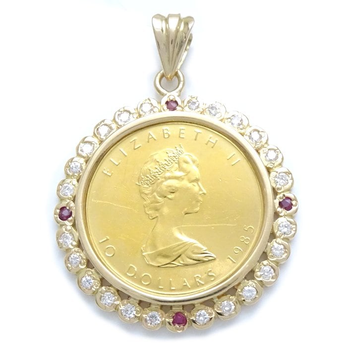 K24 1/4oz カナダ メープルリーフ コイントップ ルビー ダイヤモンド 金貨 エリザベス 10ドル K24YG xK18YG /78960【中古】