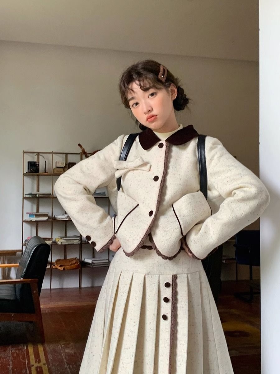 レトロ胸コントラストカラーレース着痩せかわいいカラフルドットジャケット女性用肉感スカートスーツ冬