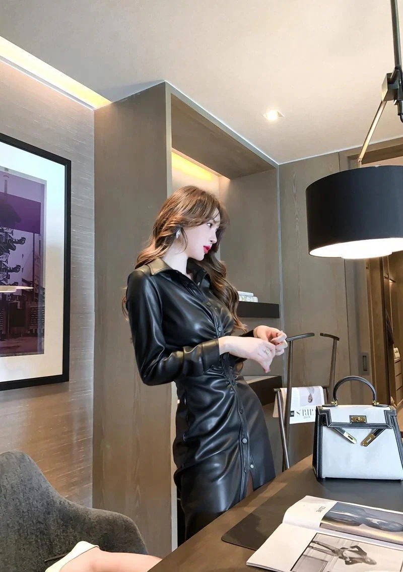 ヘボン風レザーボトムスカートはコートで身を修めるセクシーな黒スカートワンピース25新型