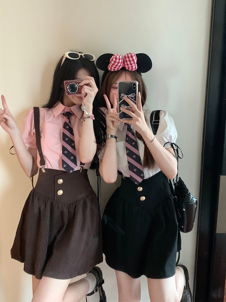 彼女服 シスタースーツ 甘くてクールなスタイル 婦人服 韓国風 アメリカンキャンパス カレッジスタイル サスペンダースカート ネクタイ Jkシャツ 女性