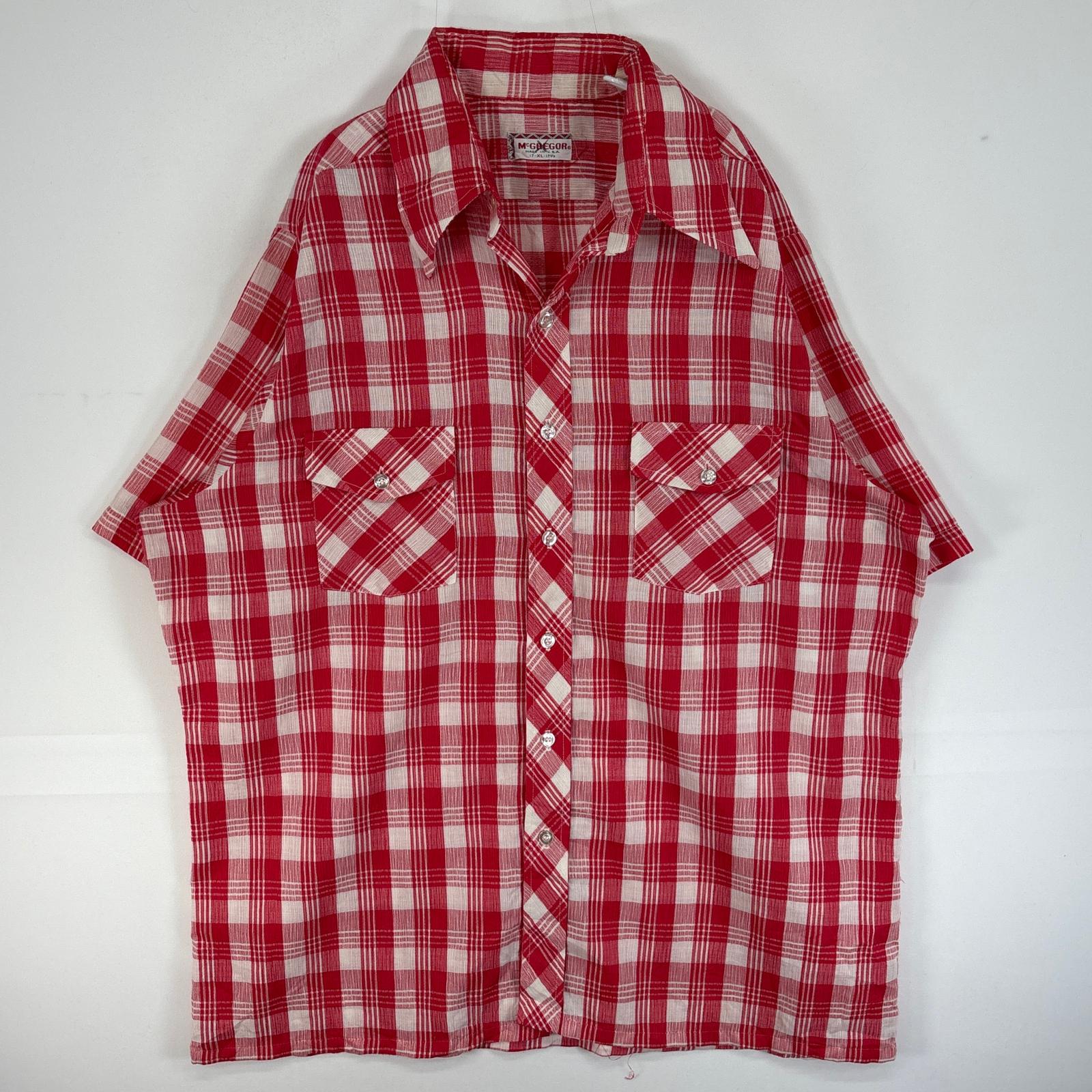 古着 70s/70年代 ヴィンテージ 半袖シャツ 大きいサイズ USA製 デカ襟 カラーステイ XL レッド チェック メンズ