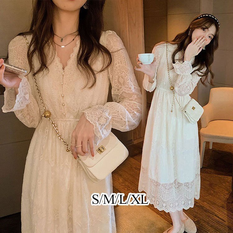 ワンピース きれいめ 着やせ ミモレ 長袖 春秋 おしゃれ 刺繍 レース きれいめ 大人 かわいい 30代 40代 50代 ロング丈 マキシ スカート 結婚式ドレス