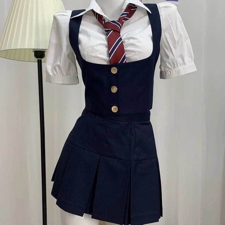 韓国流行りjk制服シャツ＋身を修めるベスト＋ネクタイ＋ハイウエストミニドレス着痩せ3点セット涼しく楽ちんセットアップ