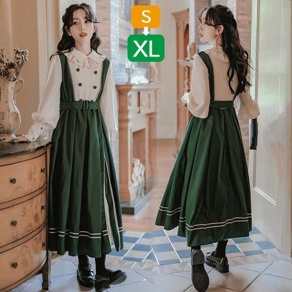 【迅速な出荷】洋服 ワンピース 切り替え 長袖 キャンディスリーブ 可愛い レディース ロング ロリータ lolita 日常可 春 秋 緑 S M L XL dg312t2t2jc