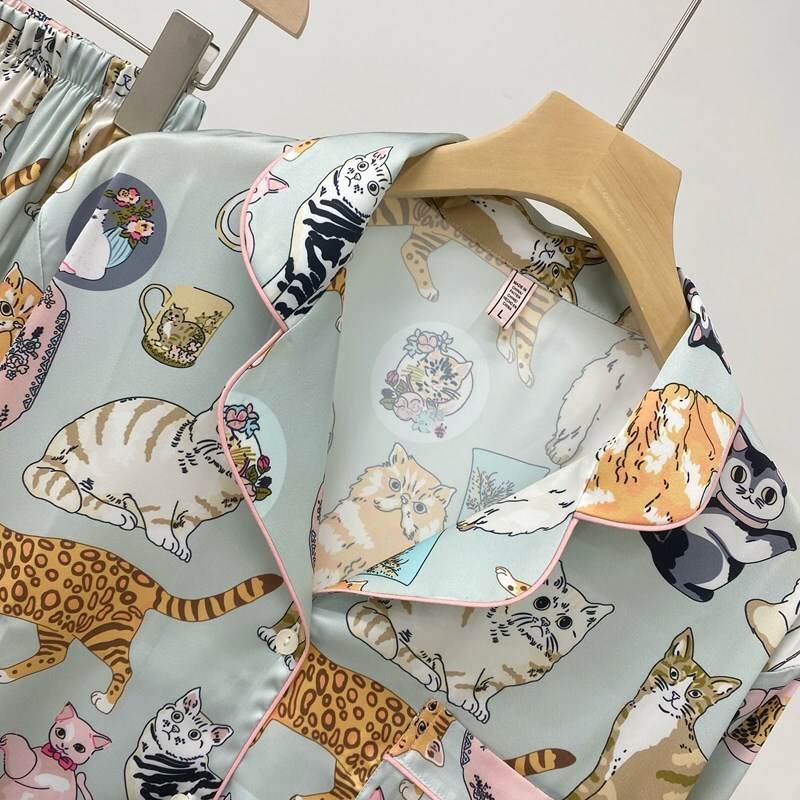 ルームウェア レディース 部屋着 パジャマ 上下セット トップス パンツ 個性的 長袖 Vネック 襟付き 前開き 猫 柄 青 M L XL 春 夏 秋 カジュアル きれいめ 上品 ナチュラル シンプル