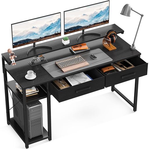 ODK ゲーミングデスク ラック付きデスク 引き出し2杯付き 幅120CM パソコンデスク 机 PCデスク 3段階モニター台付き ワークデスク オフィスデスク おしゃれ 省スペース 一人暮らし 在宅勤