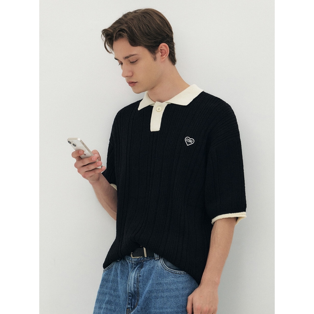 CITYBREEZE ワッフェンエンブロイダリーショートスリーブカラーニットブラック