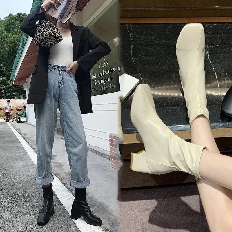 靴 レディース ショットブーツ ポインテッドトゥ 太ヒール ハイヒールパンプス スクエア靴 ミドルヒール 韓国ファッション ショート ミドルブーツ