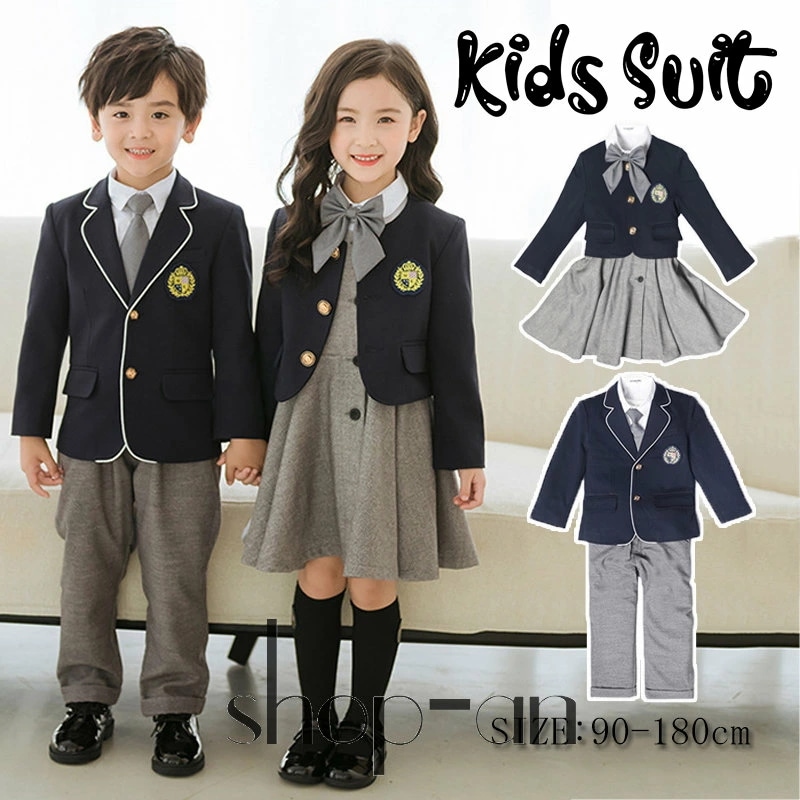 キッズ フォーマル スーツ 入学式 女の子 男の子 ジャケット 白シャツ ネクタイ ワンピース ワッペン 5点セット 長袖 フォーマルスーツ 子供スーツ カジュアル オシャレ フォーマルスーツ 子供服