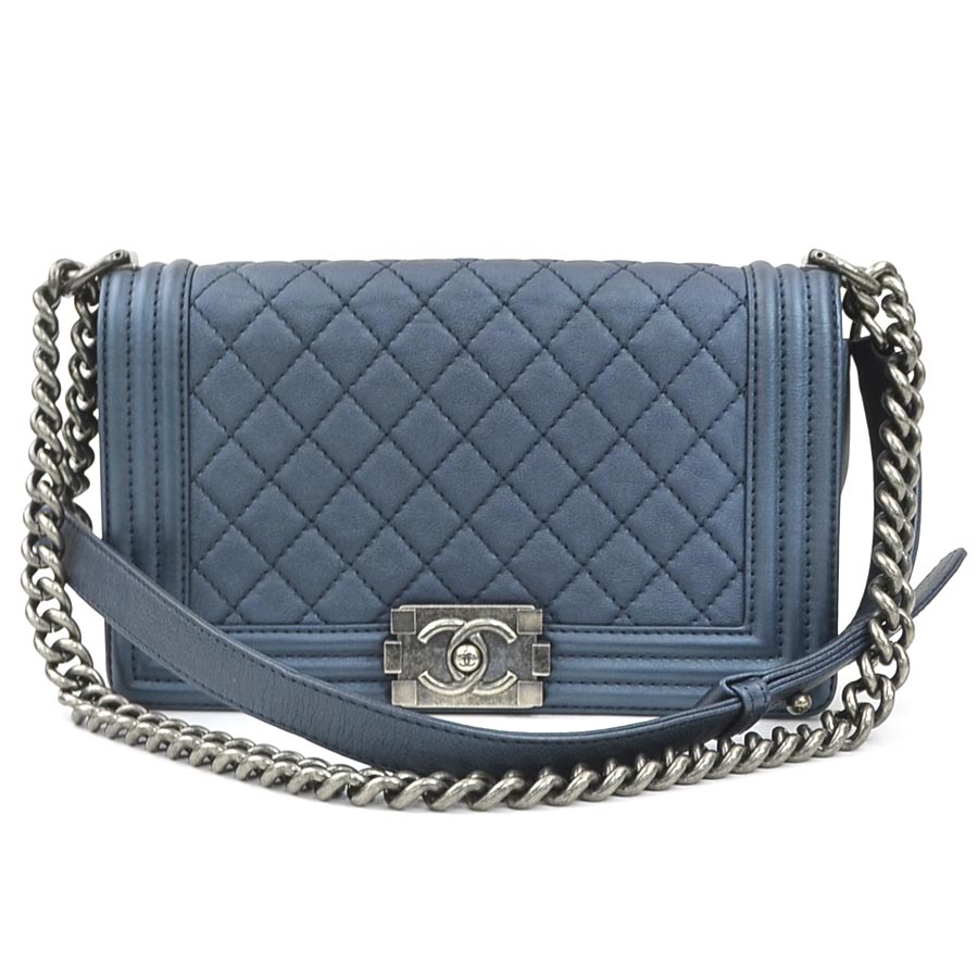 シャネル CHANEL ショルダーバッグ レザー メタリックネイビー レディース 90168a