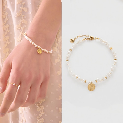 [韓国人気商品 人気ファッション] コイン ナチュラル パール ブレスレット_BR0985 SNSで人気 韓国女性アクセサリー デイリーアクセサリー 韓国ストリートブランド
