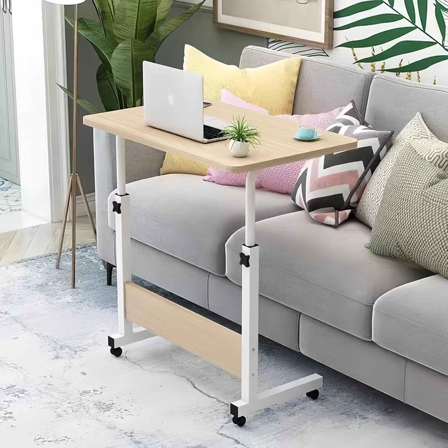 昇降式サイドテーブル キャスター付き 高さ調節可能 木色 60×40cm 組立簡単