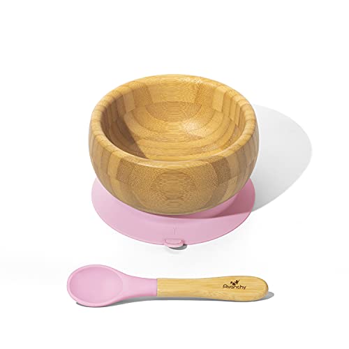 Smart Start Avanchy アヴァンシー ひっくり返らない 竹食器 ボウル 吸盤スプーン付き ピンク