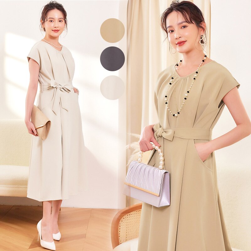 パーティードレス フォーマルドレス ドレス ワンピース レディース Vネック ミモレ丈 ファスナーあり 裏地なし ベルト付き ポケット付き　　G88501