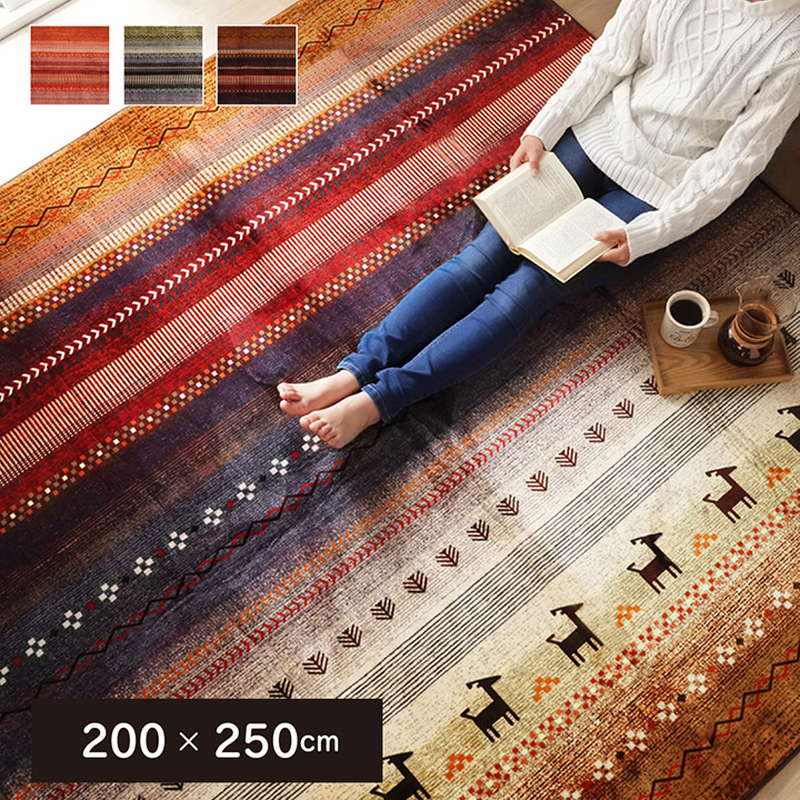 ラグマット カーペット 長方形 200x250cm 厚手 なめらかフランネル生地 おしゃれ ギャッベ柄 防音 床暖房 ホットカーペット対応