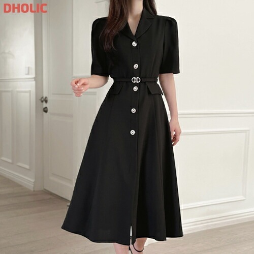 [メガ割りSALE]ベルト付シルバーボタンツイードフレアワンピース