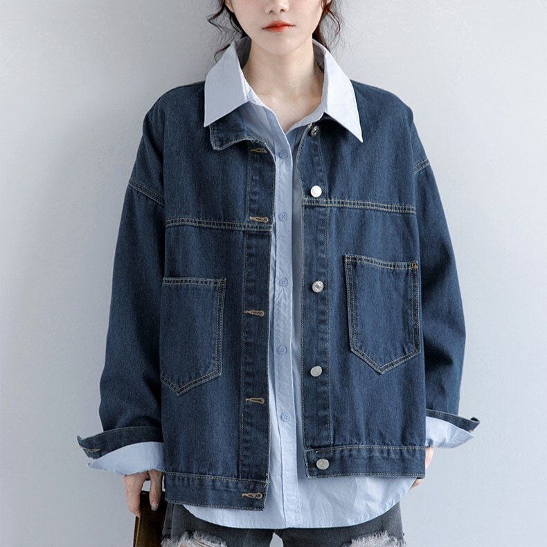 アウター ブルゾンジャケット デニム Gジャン 袖あり 長袖 襟付き ポケット 前開き ネイビー 個性的 おしゃれ ボーイッシュ 無地 春 秋 お出かけ デート レディース 10代 20代 30代