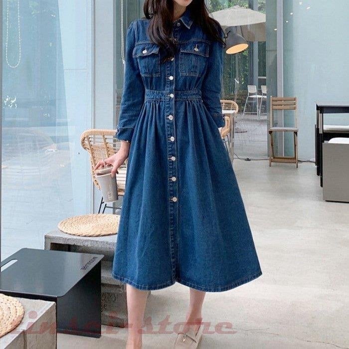 デニムワンピースレディース40ワンピースマキシワンピース長袖ゆったりフレアスカート春オシャレ無地デニムワンピース韓国風着痩せ大人可愛い30%までに制限 7,000円