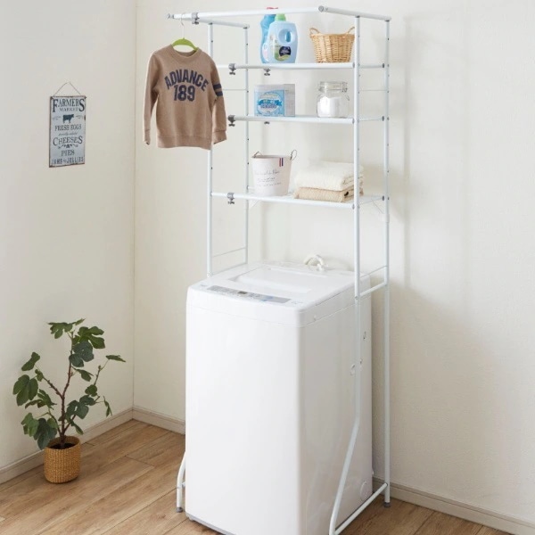 ランドリーラック 3段 3段ランドリーラック 伸縮 洗濯機 ラック 縦型 ランドリー 収納 洗濯機棚 ランドリー収納 洗濯機上 洗濯機ラック ハンガーバー ハンガー シェルフ 洗濯機シェルフ