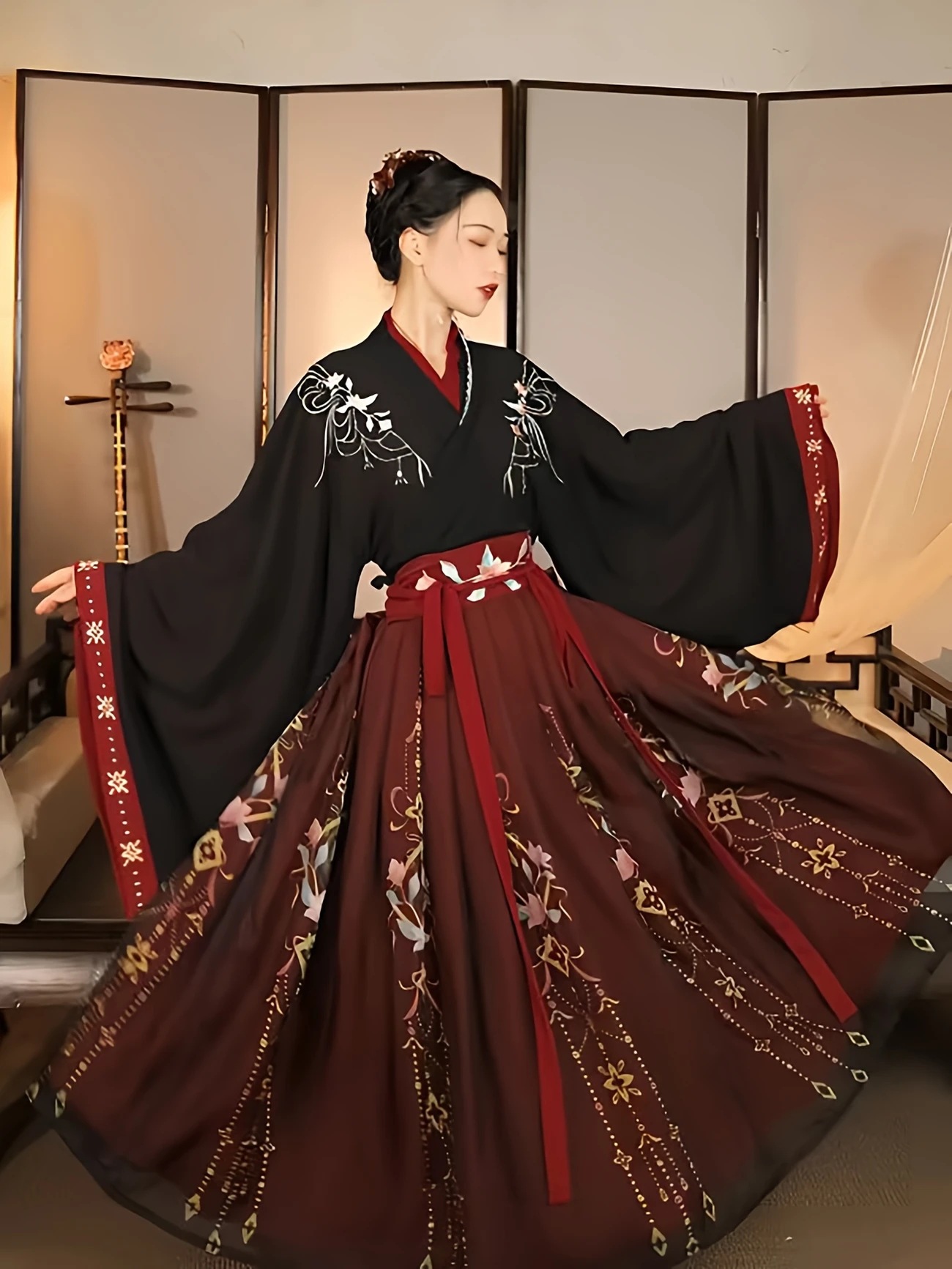 漢服 レディース コスチューム 漢代 中国服 花柄プリント スカート レトロ 漢服馬面スカート