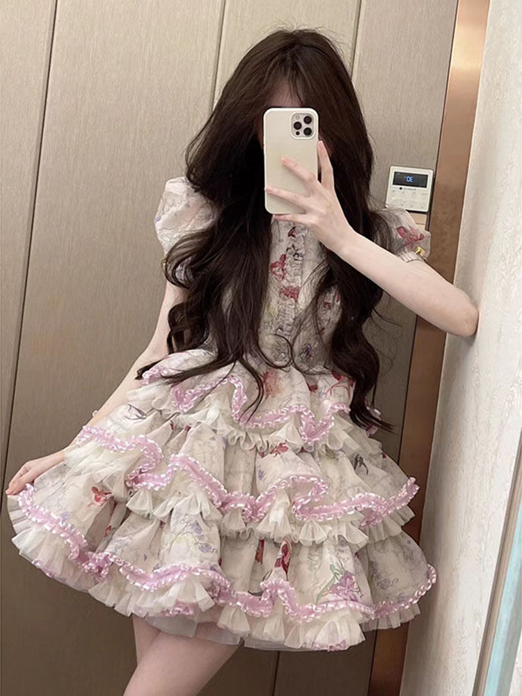 上の甘ケーキ姫パフスカート ガールズ 2023年夏ファッション 細ウエストワンピース 5,294円