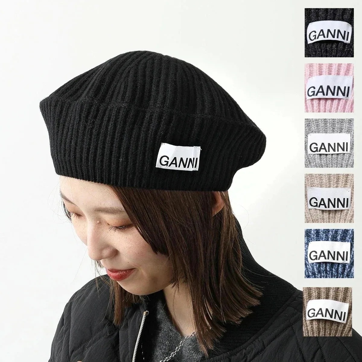 GANNI ガニー ベレー帽 Structured Rib Beret A4430 A6055 A6236 5789 レディース ニット リブ ロゴ ウールブレ