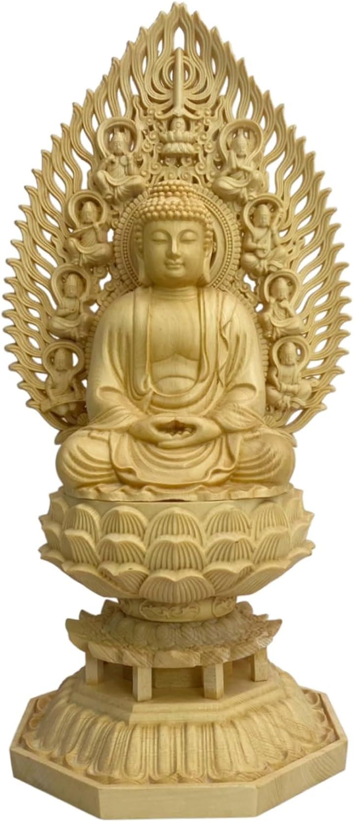 仏像 飛天光背 八画台座 木彫り 座像 仏壇 置物 彫刻 仏具 厄除け(釈迦如来)彫刻