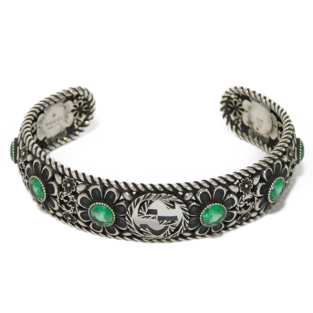 【中古】 ブレスレット 16 ダブルG アラベスク 燻し加工 フラワー クリスタル バングル インターロッキングG 607107 J7457 8137