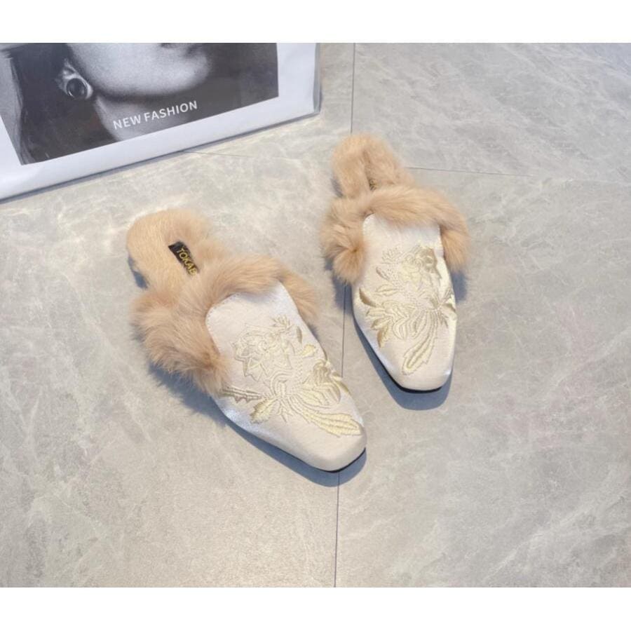 ファー付きミュール パンプス　ローファー シューズ 靴 くつ ファー スリッポン ミュール フラット ぺたんこ 歩きやすい 柔らかい