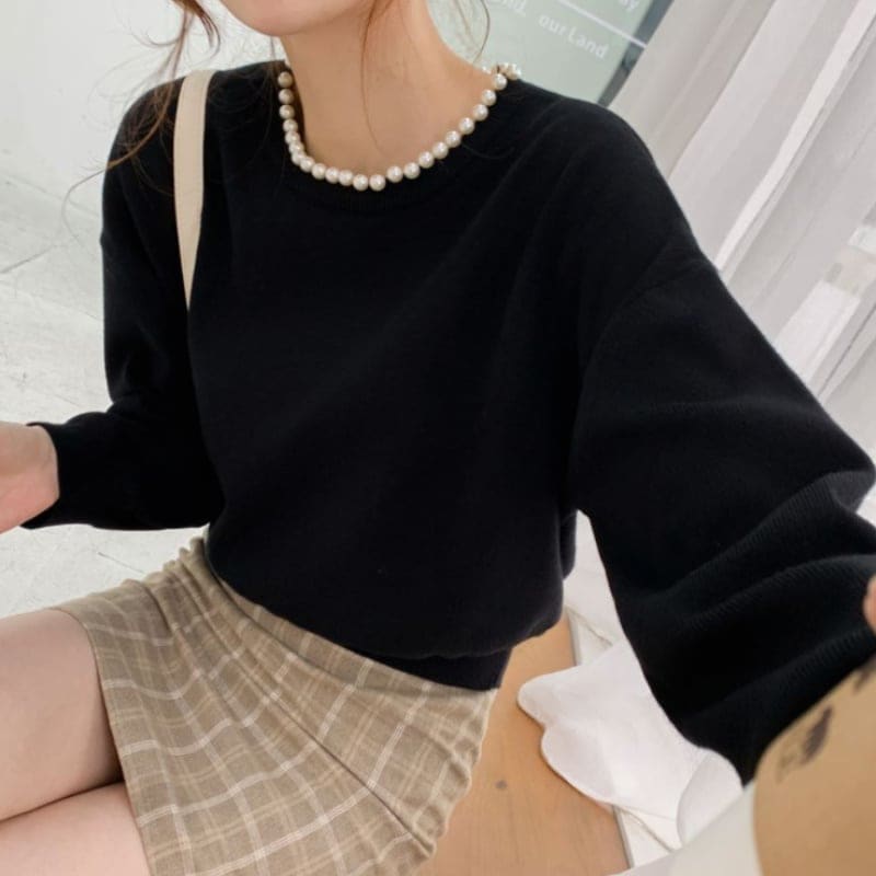 2color レディース トップス ニット セーター パール 長袖 ホワイト ブラック 181