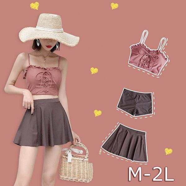 c水着 レディース ビキニ タンキニ 3点セットハイウエス 体型カバーフリル セパレートくすみカラー大人カラーフレアスカートボーイレッグ