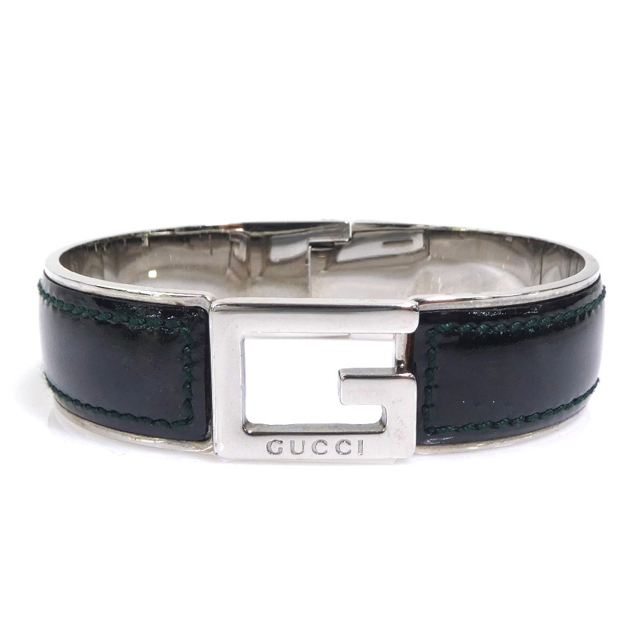 グッチ GUCCI バングル ブレスレット Gロゴ メタル/パテントレザー シルバー/ブラック ユニセックス e61856a