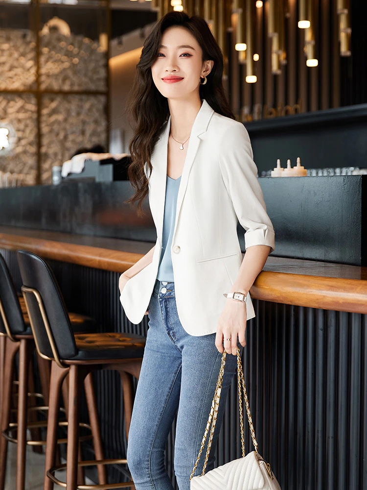2024 夏服 スーツアウター UVカット 薄 スーツ 小さなスーツジャケット 気質カジュアルミッドスリーブスーツトップ薄いジャケット半袖 紫外線対策 レディース 通勤OL tシャツ トップス