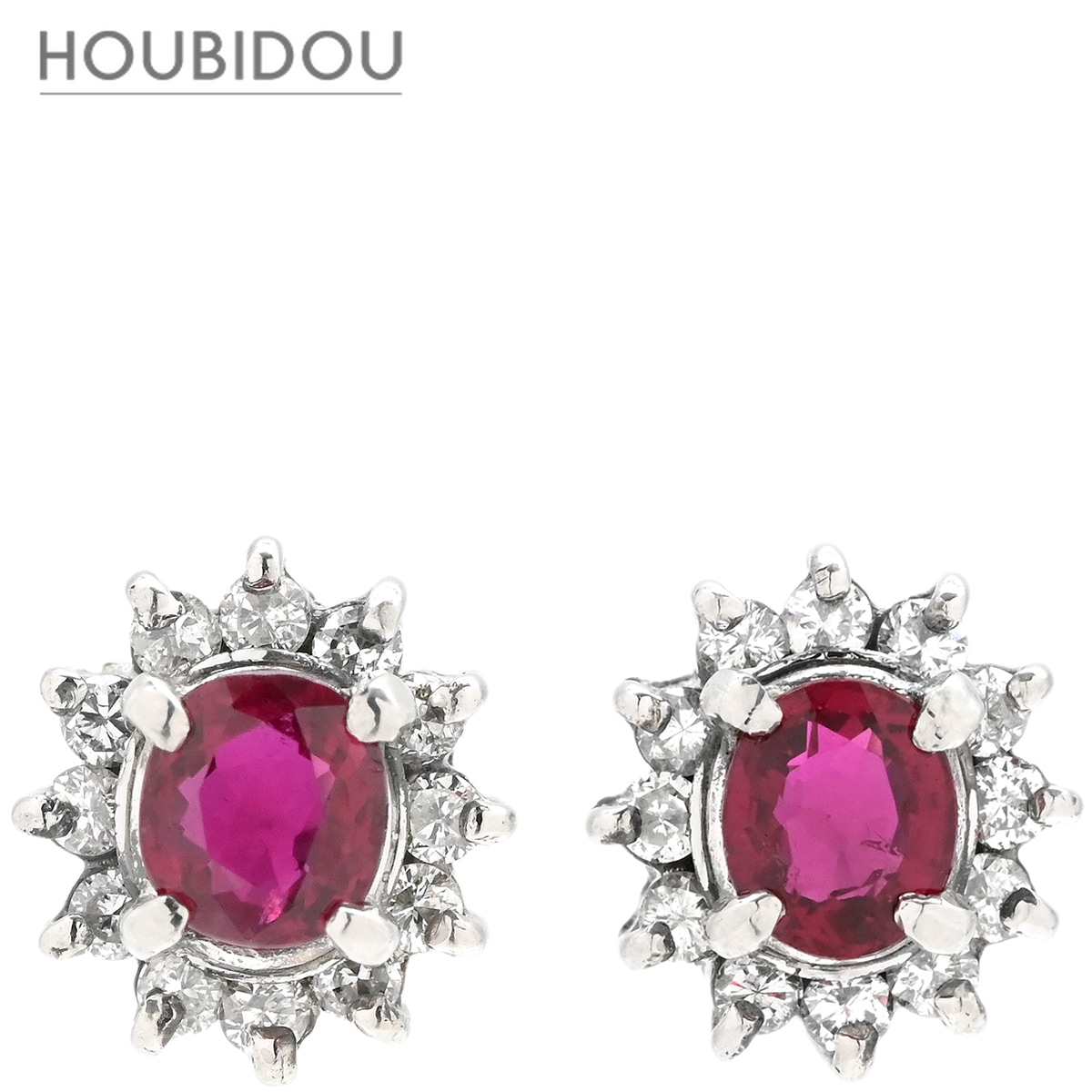 ピアス ルビー ダイヤ プラチナシルバー×レッド 赤 Pt900 オーバル フラワーモチーフ 花 0.30ct 両耳 【中古】