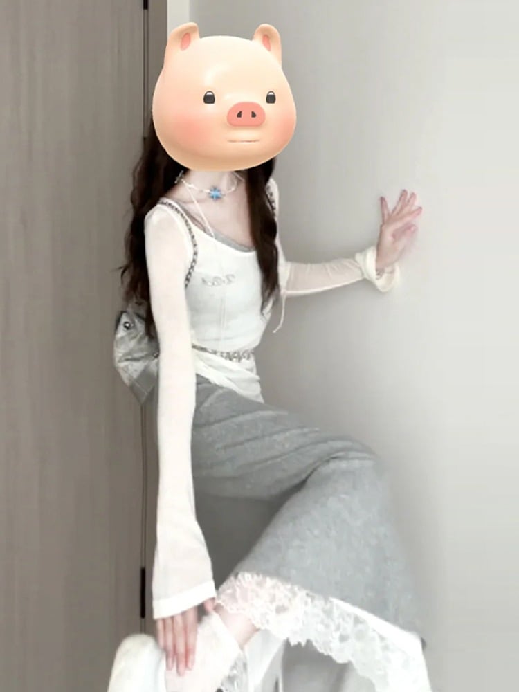 2024秋冬新作ロングスカート女性用高級グレーサスペンダードレス小柄な人向け韓国風衣装