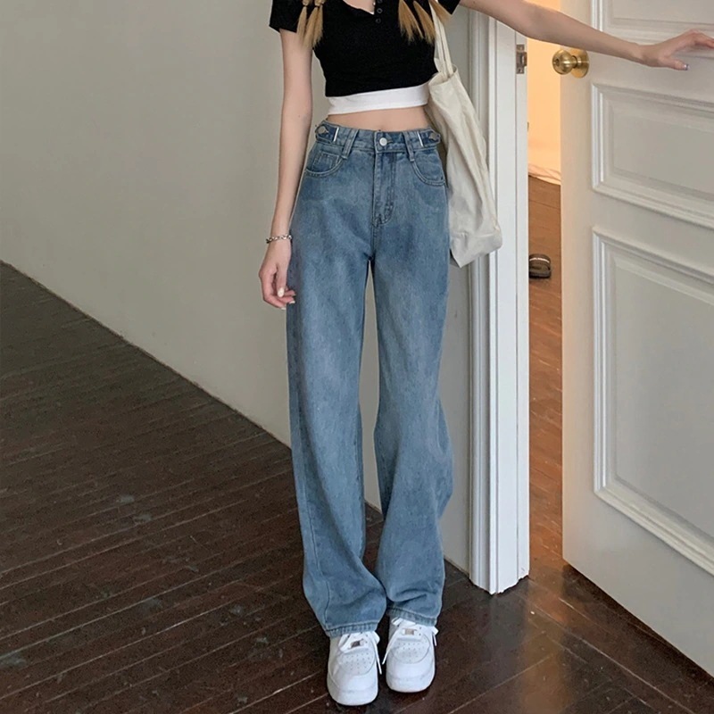 パンツ ジーンズ レディース デニム ハイウエスト ワイドレッグ ストレート ファスナー ポケット カジュアル シンプル ラフ かっこいい 普段使い 学生 ライトブルー ダークブルー S M L XL