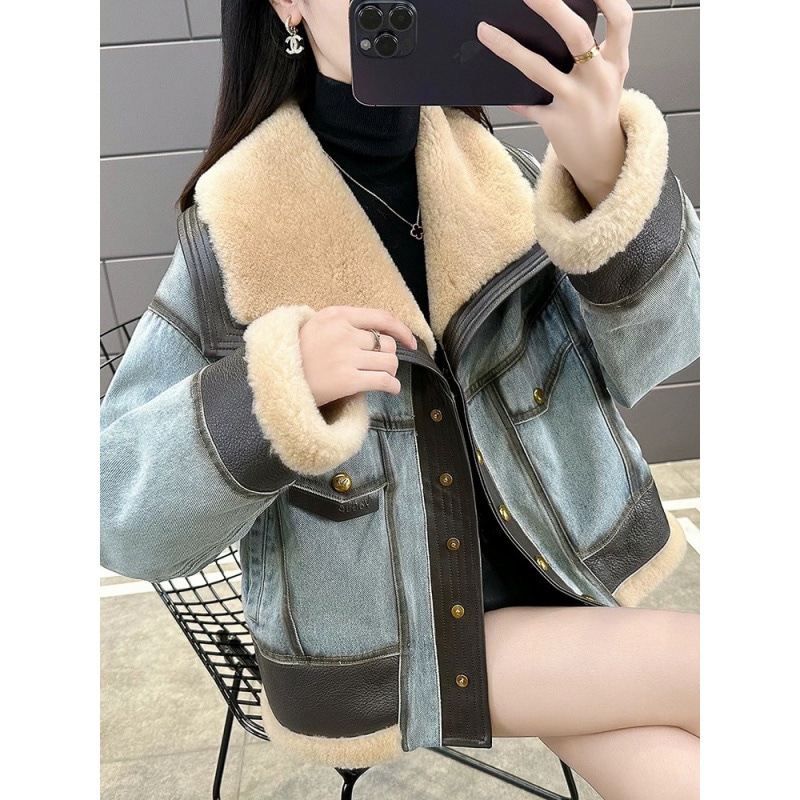 2025冬新作イミテーションムートンジャケットワンピースデニムウエスタンスタイルショートコートジャケットレディース