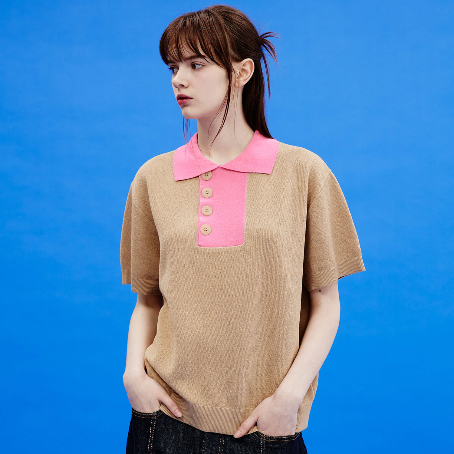 Two tone collar half sleeve knit BEIGE