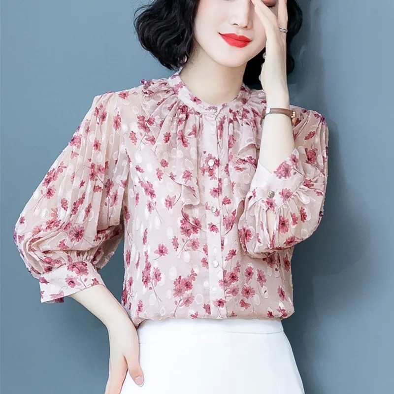 7分袖 花柄 水玉 ドット フリル シフォン ブラウス シャツ ピンク フラワー トップス 袖あり
